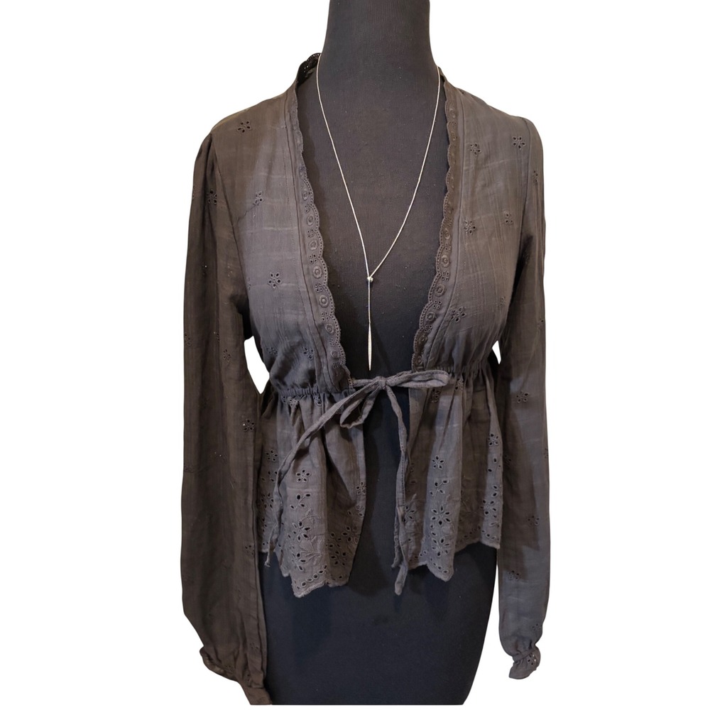 RSQ Charcoal Gray Eyelet Tie Front Peplum Top Long Sleeve Cotton Small